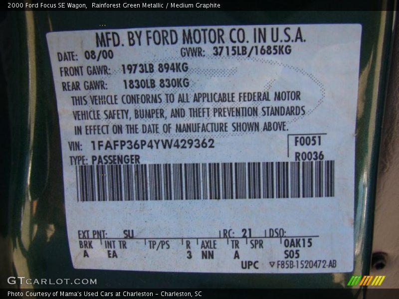 2000 Focus SE Wagon Rainforest Green Metallic Color Code SU