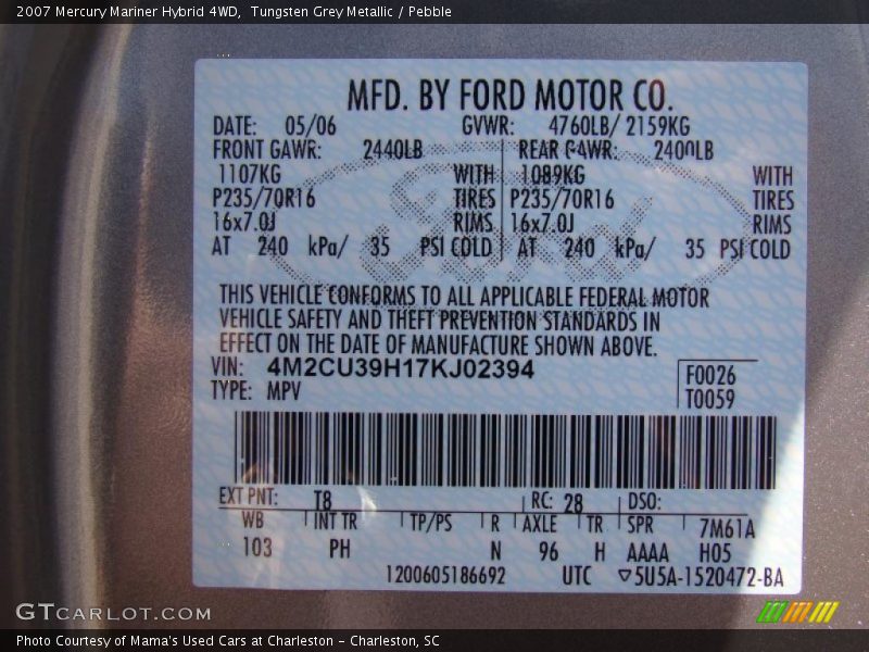 2007 Mariner Hybrid 4WD Tungsten Grey Metallic Color Code T8