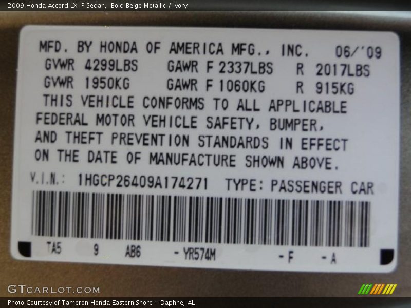 Bold Beige Metallic / Ivory 2009 Honda Accord LX-P Sedan