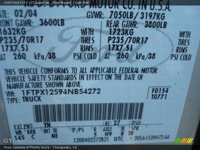 2004 F150 XLT SuperCab Silver Metallic Color Code YN