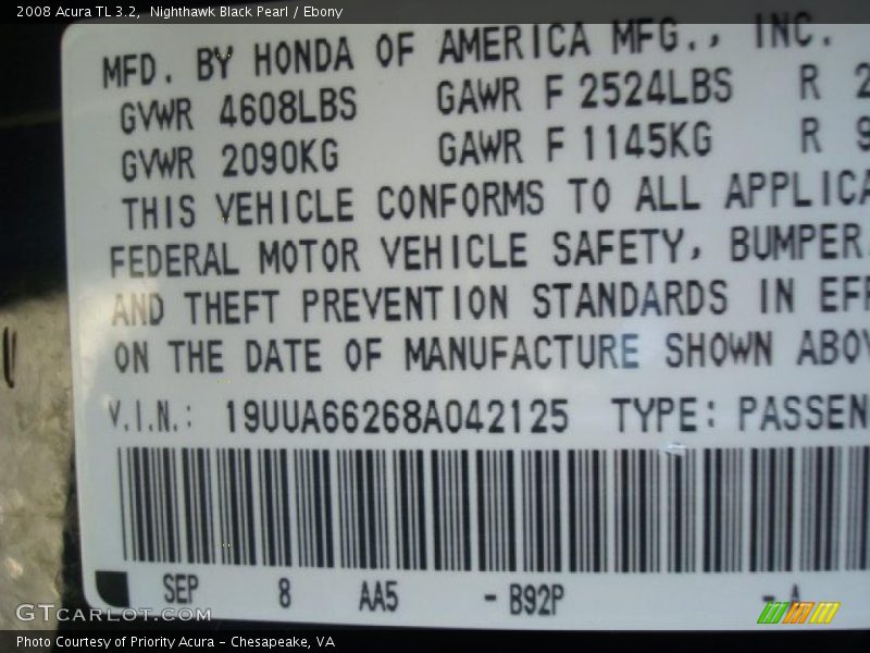 Nighthawk Black Pearl / Ebony 2008 Acura TL 3.2