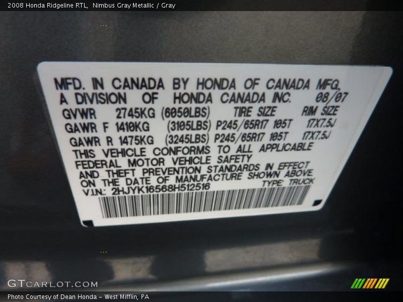 Nimbus Gray Metallic / Gray 2008 Honda Ridgeline RTL