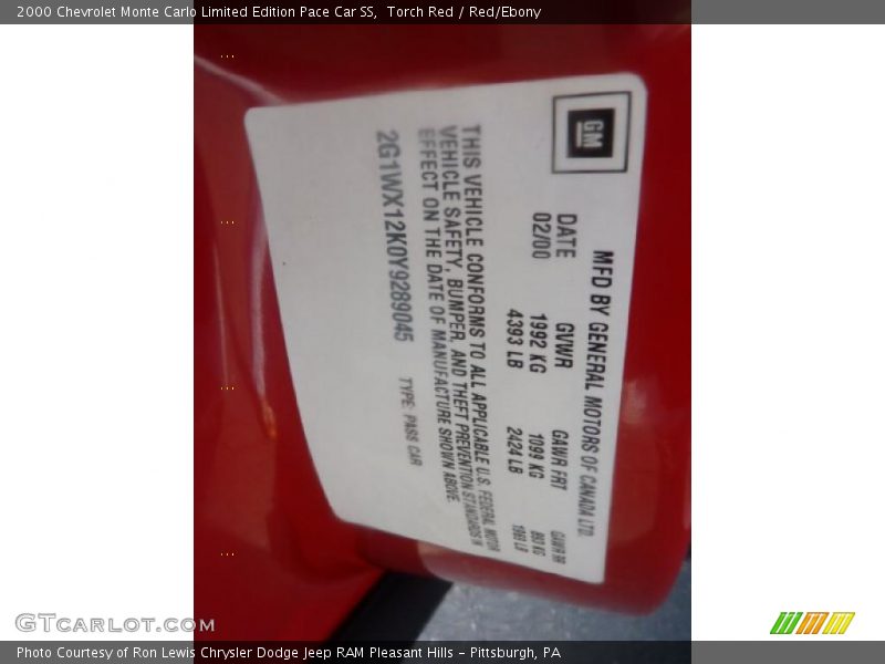 Torch Red / Red/Ebony 2000 Chevrolet Monte Carlo Limited Edition Pace Car SS