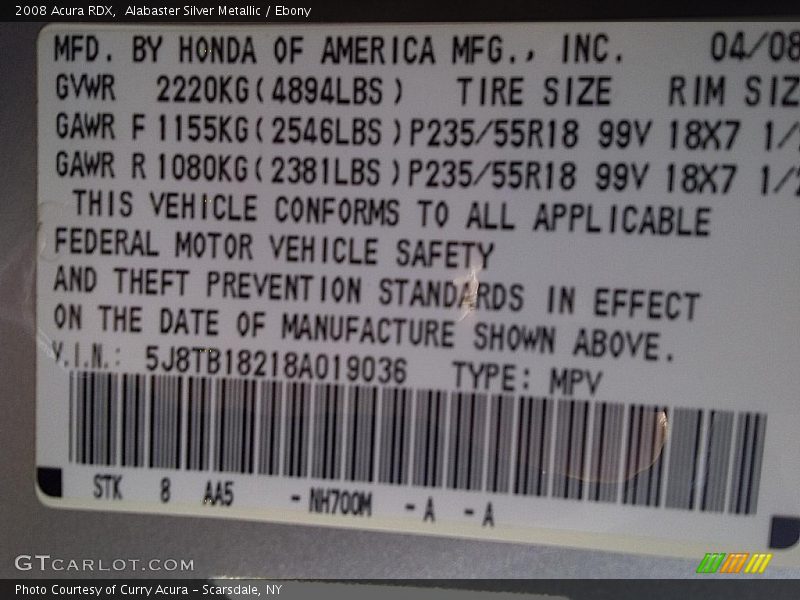 Alabaster Silver Metallic / Ebony 2008 Acura RDX