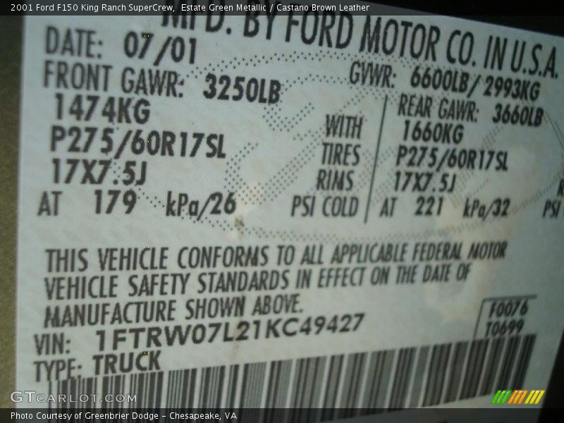 Estate Green Metallic / Castano Brown Leather 2001 Ford F150 King Ranch SuperCrew
