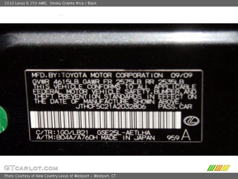 2010 IS 250 AWD Smoky Granite Mica Color Code 1G0