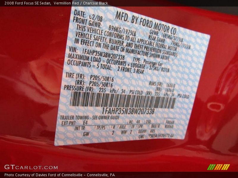 Vermillion Red / Charcoal Black 2008 Ford Focus SE Sedan