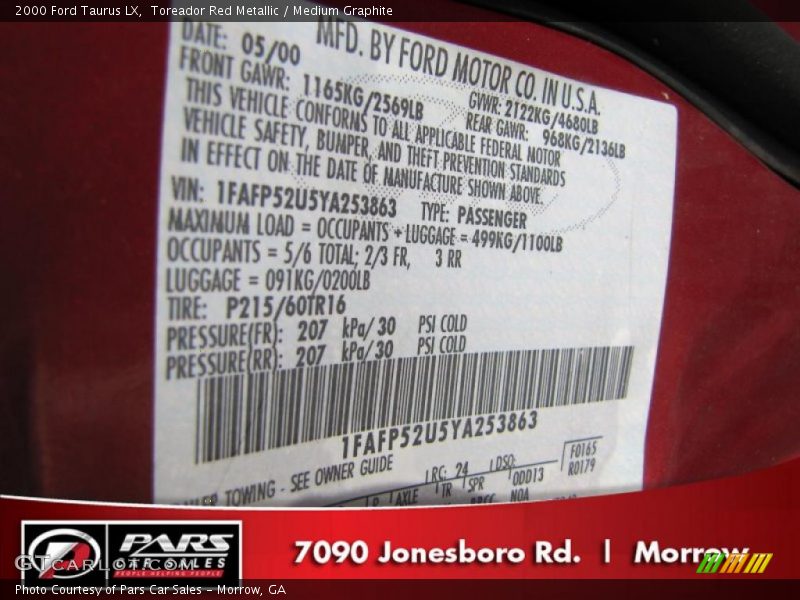 Toreador Red Metallic / Medium Graphite 2000 Ford Taurus LX