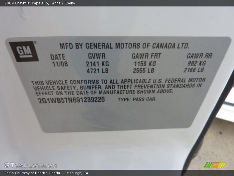 White / Ebony 2009 Chevrolet Impala LS