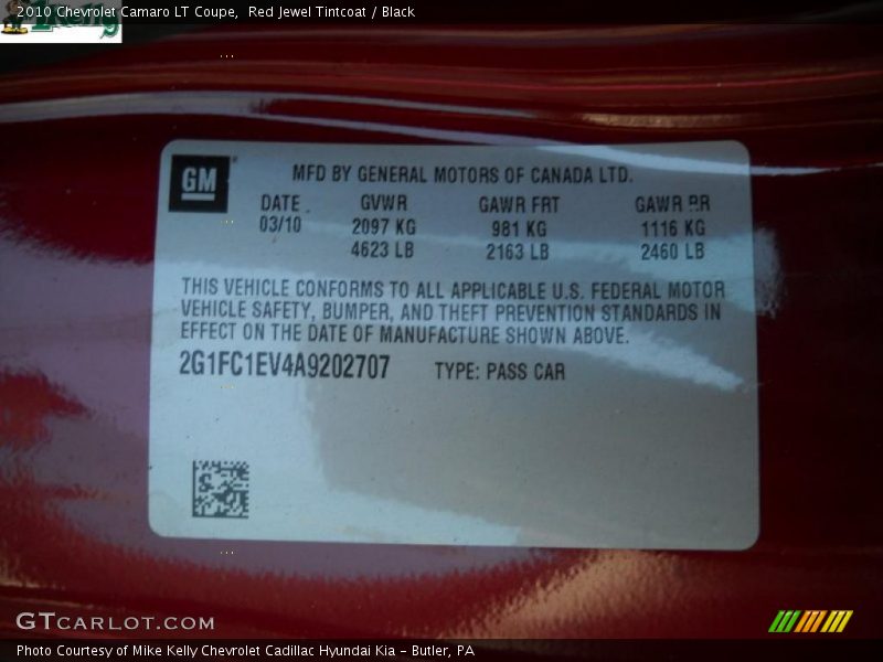 Info Tag of 2010 Camaro LT Coupe