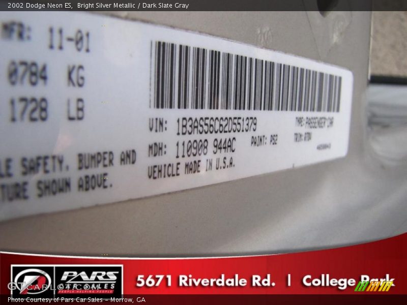 Bright Silver Metallic / Dark Slate Gray 2002 Dodge Neon ES