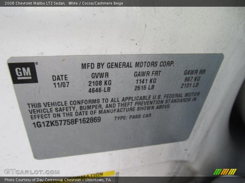 White / Cocoa/Cashmere Beige 2008 Chevrolet Malibu LTZ Sedan