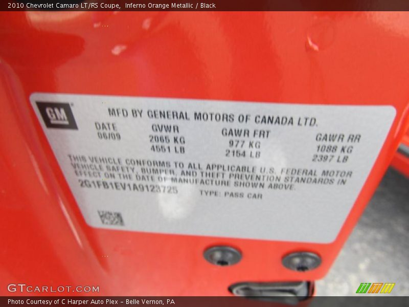 Info Tag of 2010 Camaro LT/RS Coupe