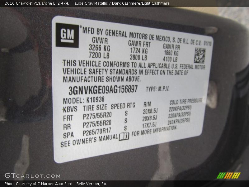 Info Tag of 2010 Avalanche LTZ 4x4