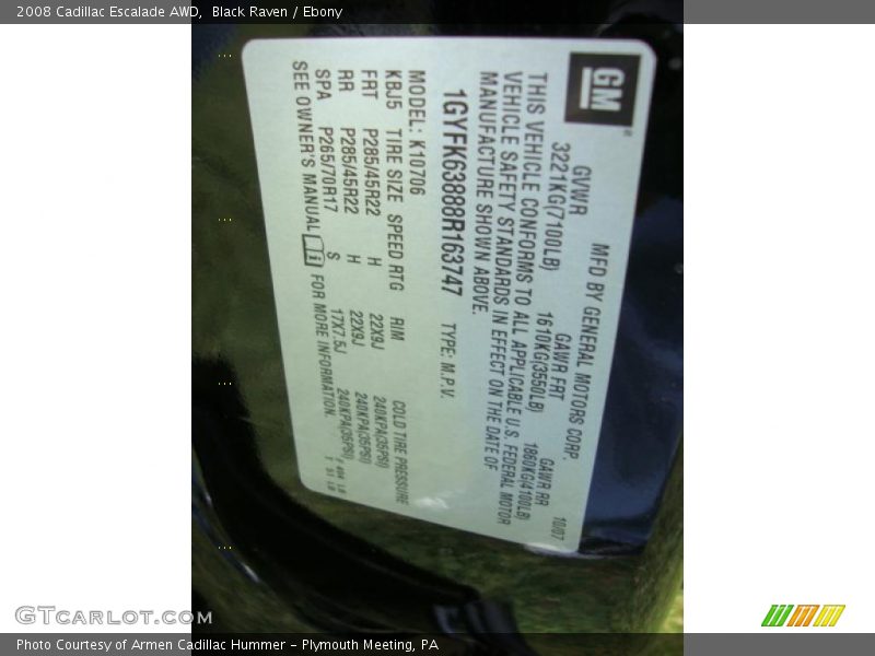 Info Tag of 2008 Escalade AWD