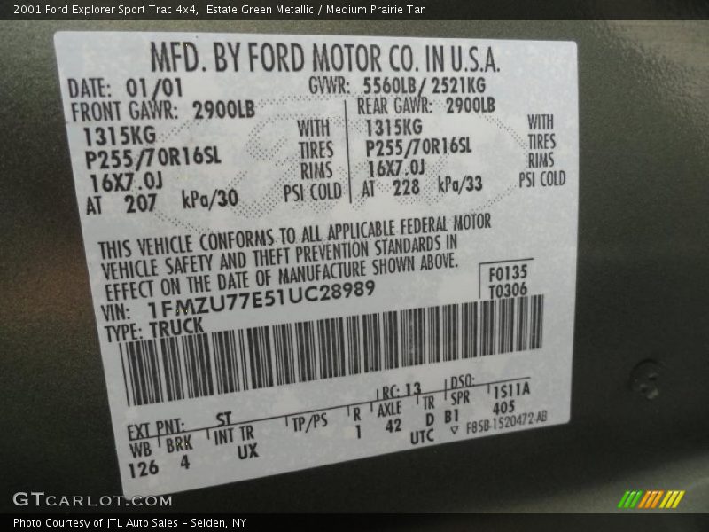Estate Green Metallic / Medium Prairie Tan 2001 Ford Explorer Sport Trac 4x4