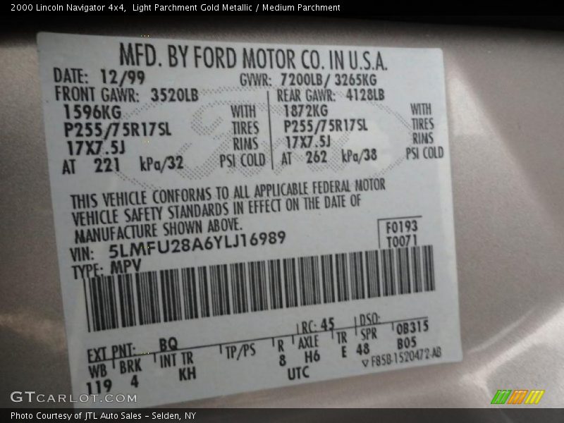 2000 Navigator 4x4 Light Parchment Gold Metallic Color Code BQ