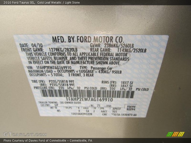Gold Leaf Metallic / Light Stone 2010 Ford Taurus SEL