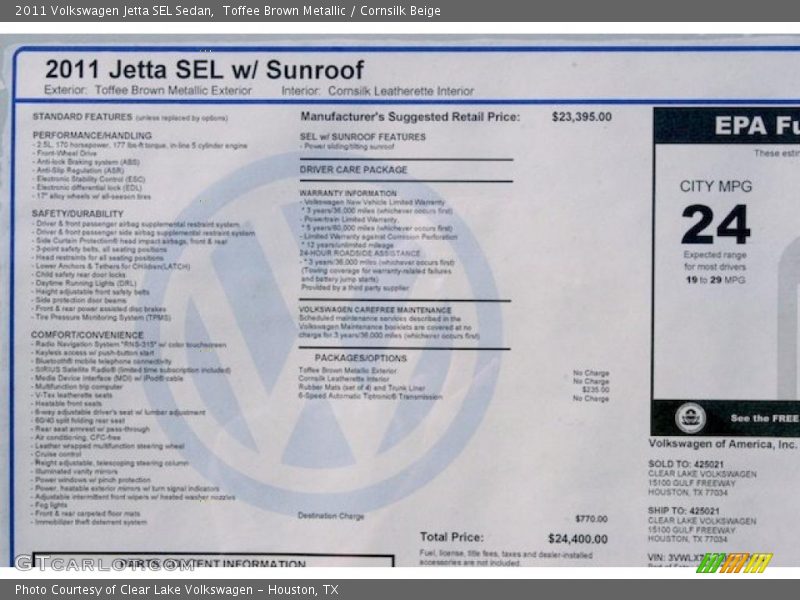  2011 Jetta SEL Sedan Window Sticker