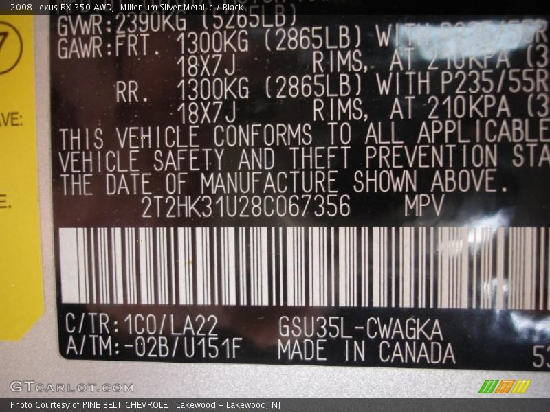 Millenium Silver Metallic / Black 2008 Lexus RX 350 AWD