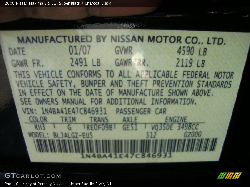 Super Black / Charcoal Black 2008 Nissan Maxima 3.5 SL