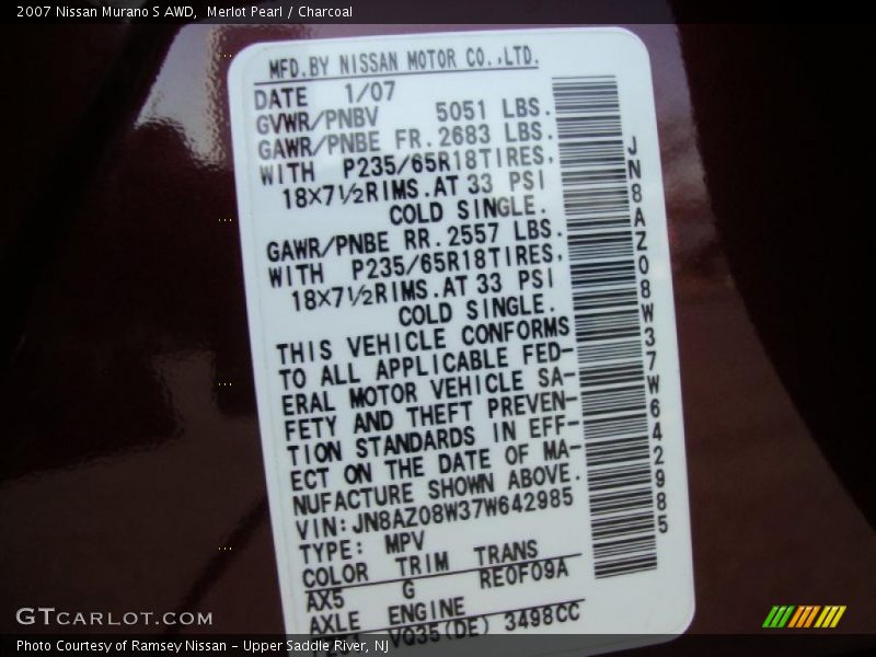 Merlot Pearl / Charcoal 2007 Nissan Murano S AWD