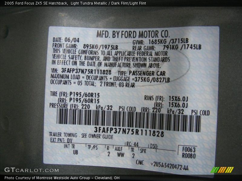 2005 Focus ZX5 SE Hatchback Light Tundra Metallic Color Code DV