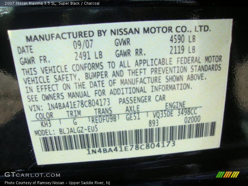 Super Black / Charcoal 2007 Nissan Maxima 3.5 SL