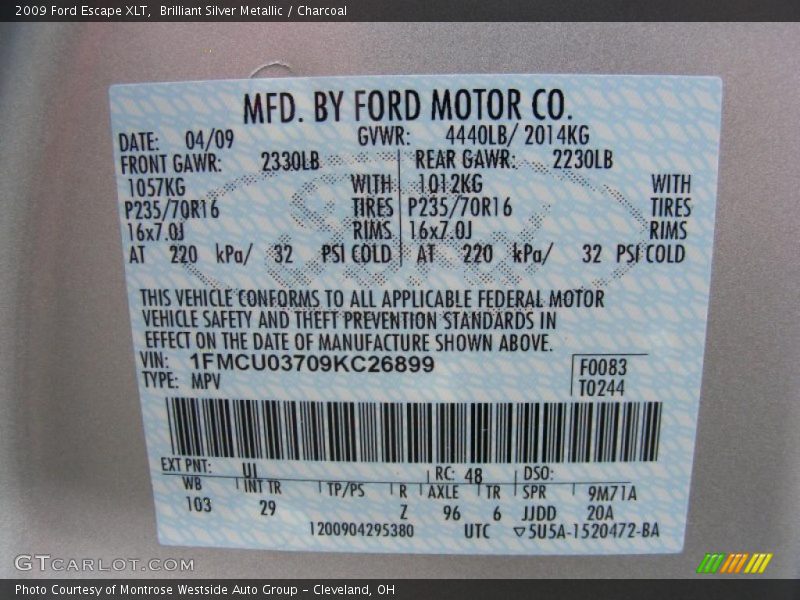 Brilliant Silver Metallic / Charcoal 2009 Ford Escape XLT