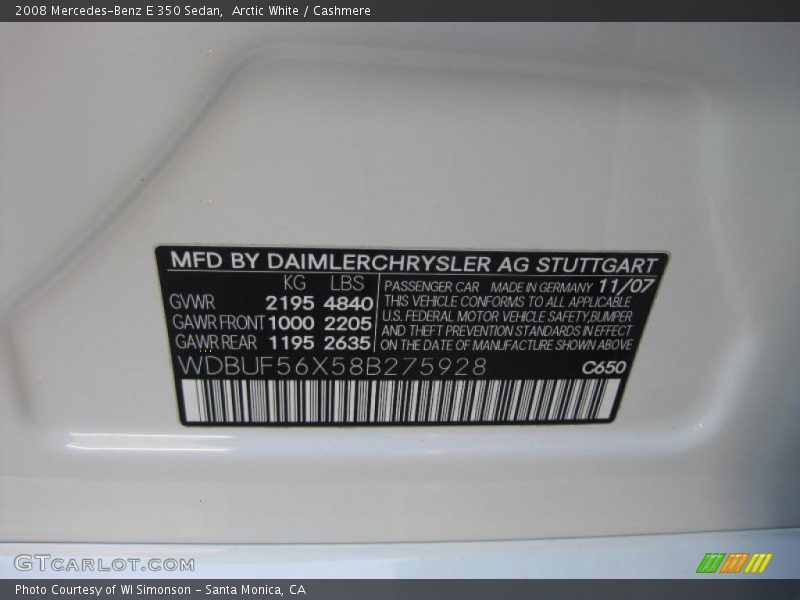 Arctic White / Cashmere 2008 Mercedes-Benz E 350 Sedan