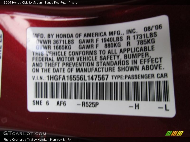 Tango Red Pearl / Ivory 2006 Honda Civic LX Sedan