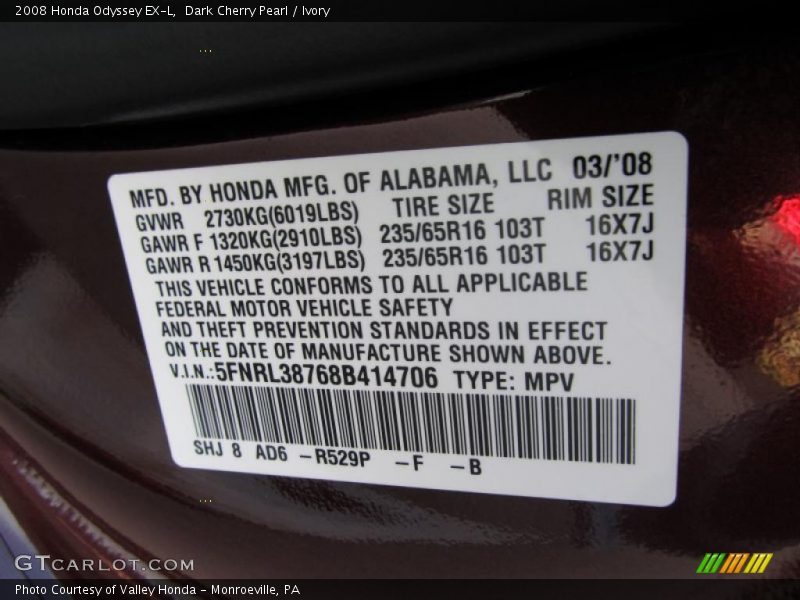 Dark Cherry Pearl / Ivory 2008 Honda Odyssey EX-L