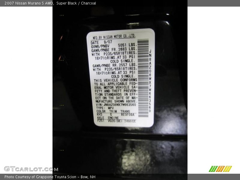 Super Black / Charcoal 2007 Nissan Murano S AWD