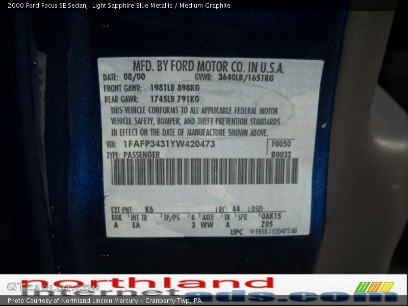 Light Sapphire Blue Metallic / Medium Graphite 2000 Ford Focus SE Sedan