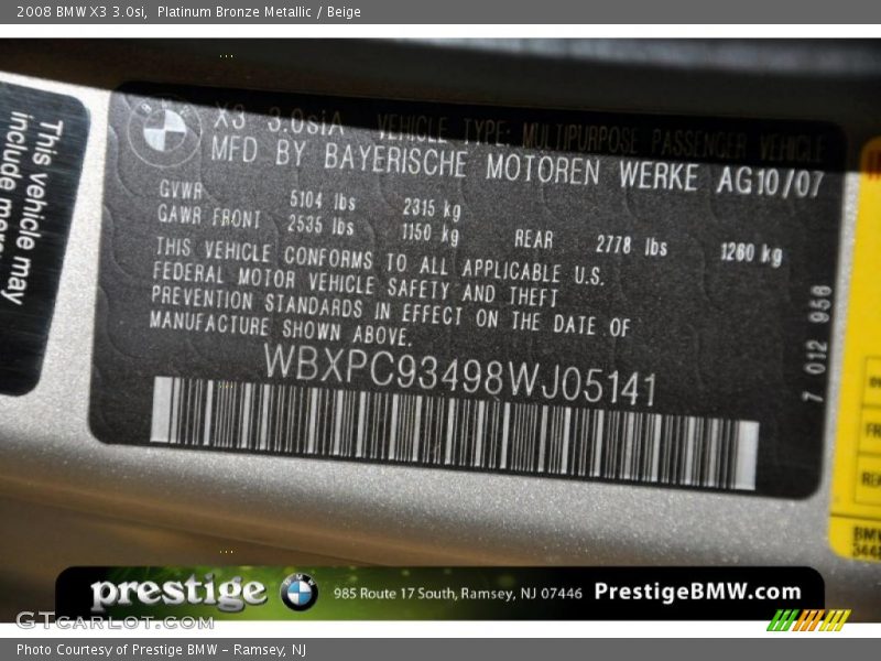 Platinum Bronze Metallic / Beige 2008 BMW X3 3.0si