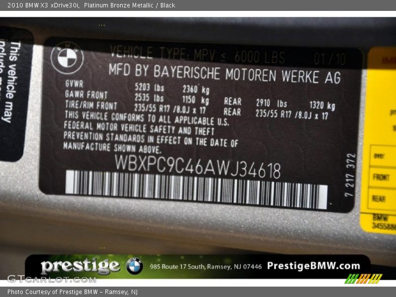 Platinum Bronze Metallic / Black 2010 BMW X3 xDrive30i