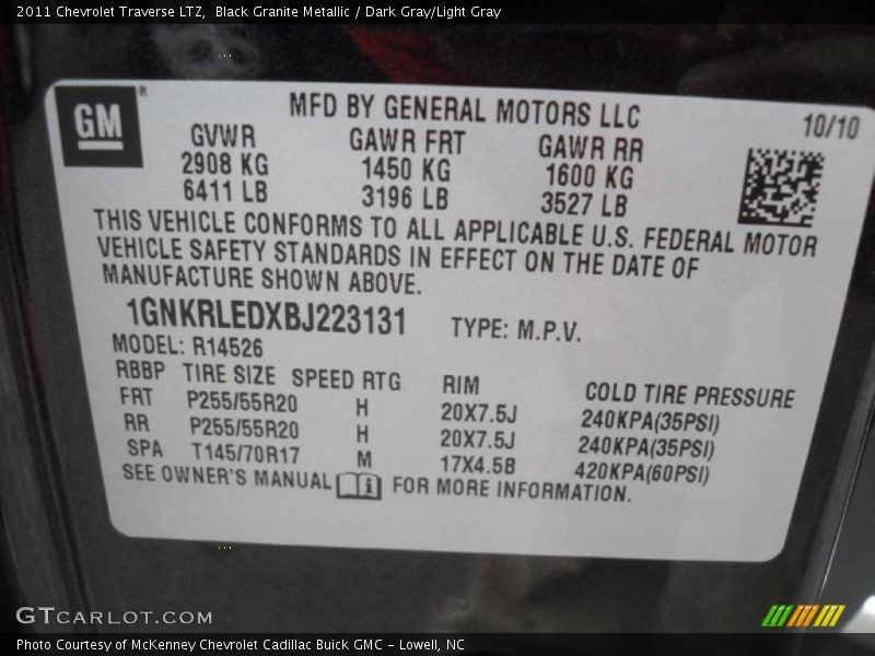 Black Granite Metallic / Dark Gray/Light Gray 2011 Chevrolet Traverse LTZ