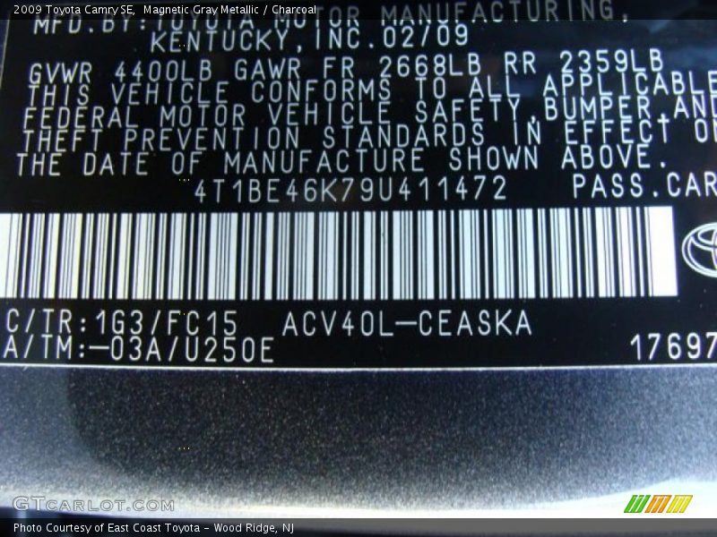 Magnetic Gray Metallic / Charcoal 2009 Toyota Camry SE