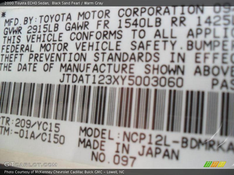 Black Sand Pearl / Warm Gray 2000 Toyota ECHO Sedan
