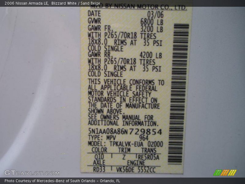 Blizzard White / Sand Beige 2006 Nissan Armada LE