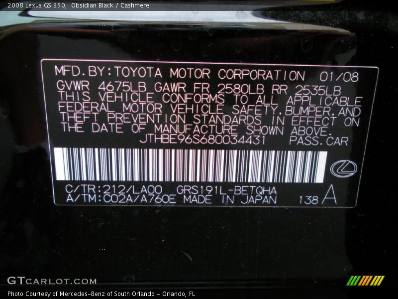 2008 GS 350 Obsidian Black Color Code 212
