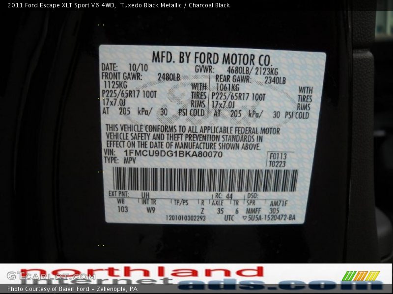 Tuxedo Black Metallic / Charcoal Black 2011 Ford Escape XLT Sport V6 4WD