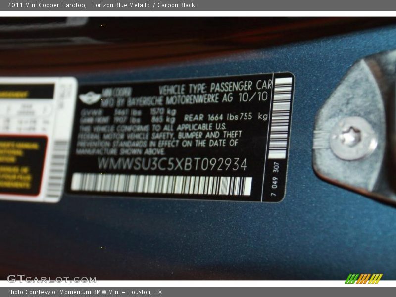 Horizon Blue Metallic / Carbon Black 2011 Mini Cooper Hardtop
