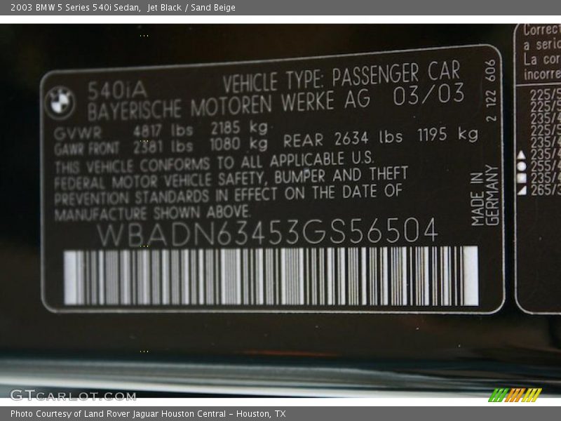 Info Tag of 2003 5 Series 540i Sedan