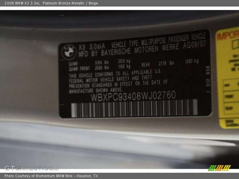 Platinum Bronze Metallic / Beige 2008 BMW X3 3.0si