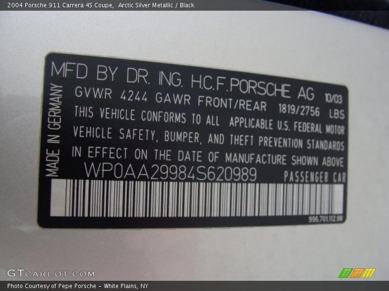 Info Tag of 2004 911 Carrera 4S Coupe