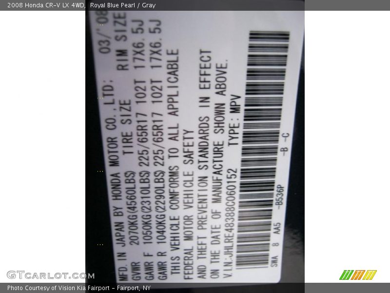 Royal Blue Pearl / Gray 2008 Honda CR-V LX 4WD