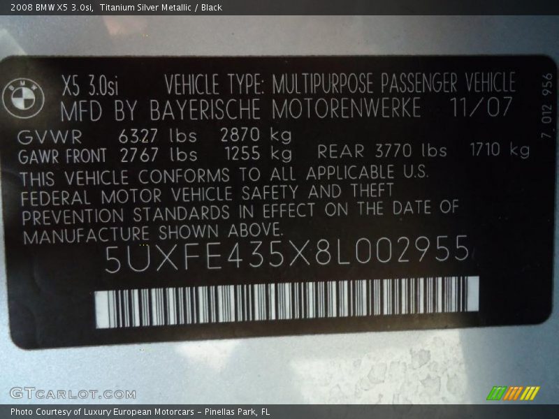 Titanium Silver Metallic / Black 2008 BMW X5 3.0si