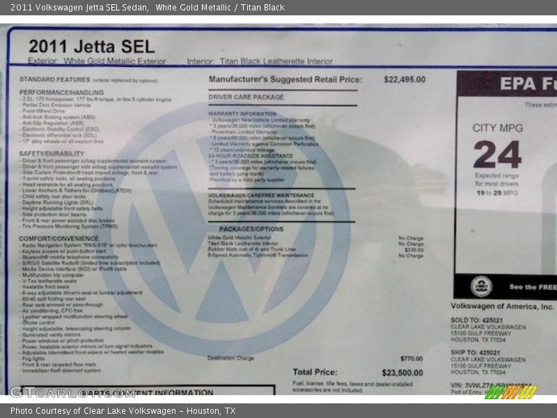  2011 Jetta SEL Sedan Window Sticker