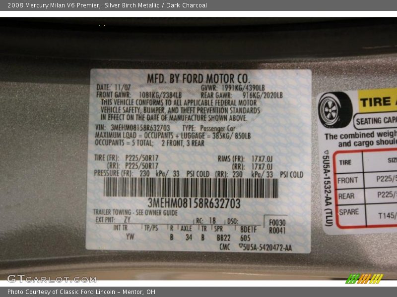 Silver Birch Metallic / Dark Charcoal 2008 Mercury Milan V6 Premier